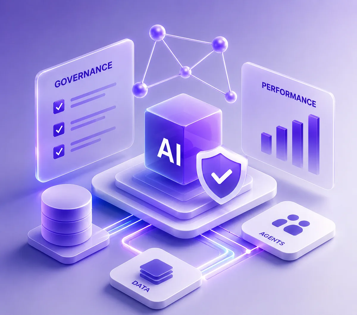 AI governance, performance, data, and agents illustration